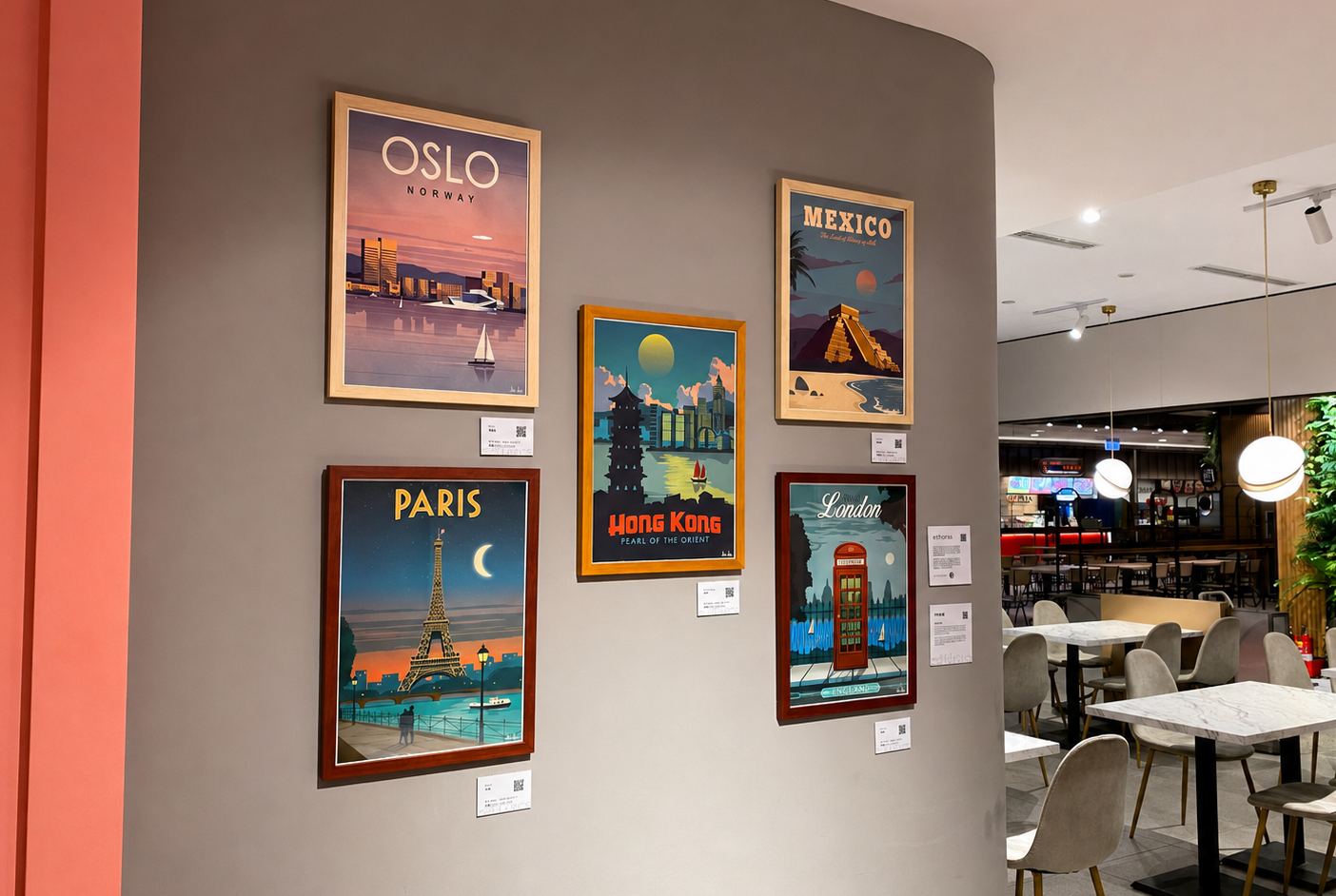 Framed travel prints installed at Xiao San Yuan Restaurant in Taipei 101