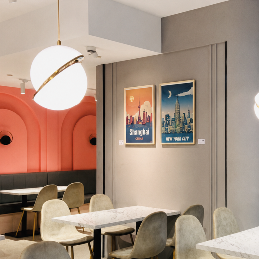 Travel prints displayed at the Xiao San Yuan Restaurant pop-up in Taipei 101