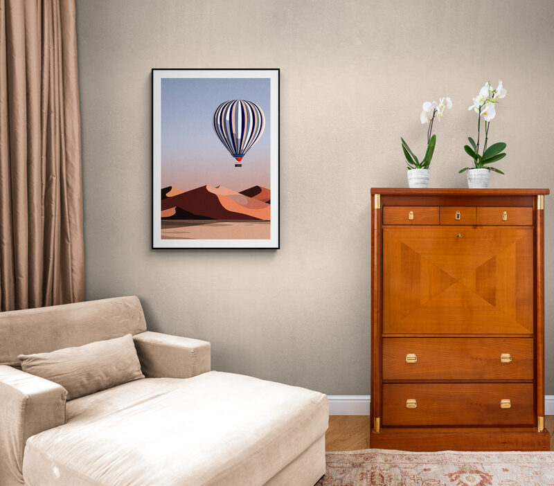 Wide panoramic print above a long white dining table
