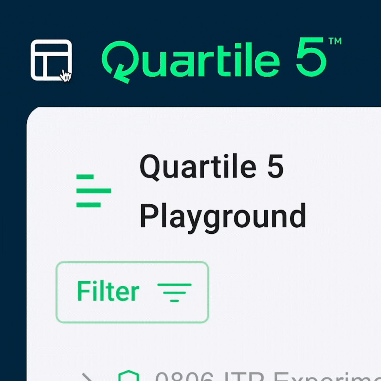 Animated walkthrough GIF: a red highlight ring and cursor draw attention to a navigation icon in the Quartile 5 interface, then the panel opens