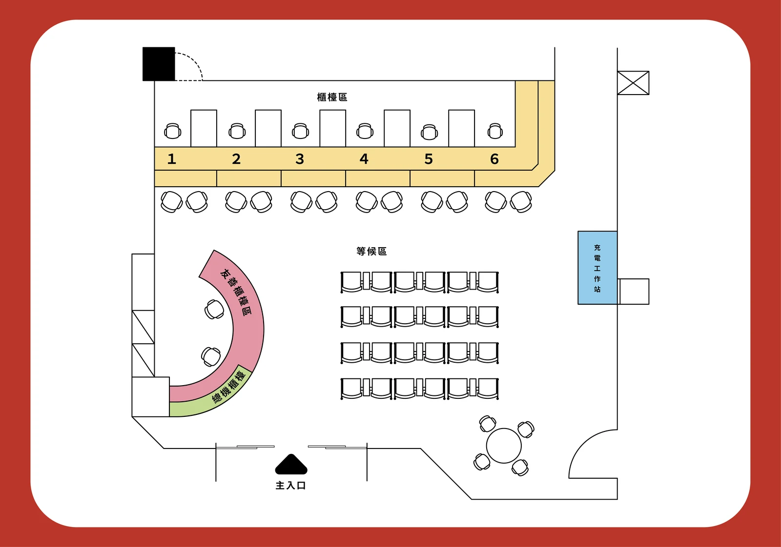 Branch guidance map, landscape format, with six counters and rows of waiting seats