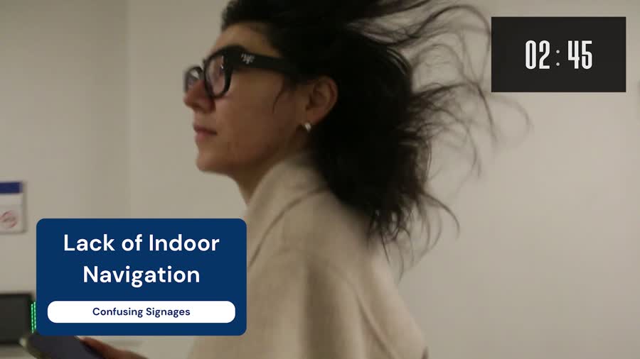 Film frame with a card reading Lack of Indoor Navigation and Confusing Signages over a student walking a corridor